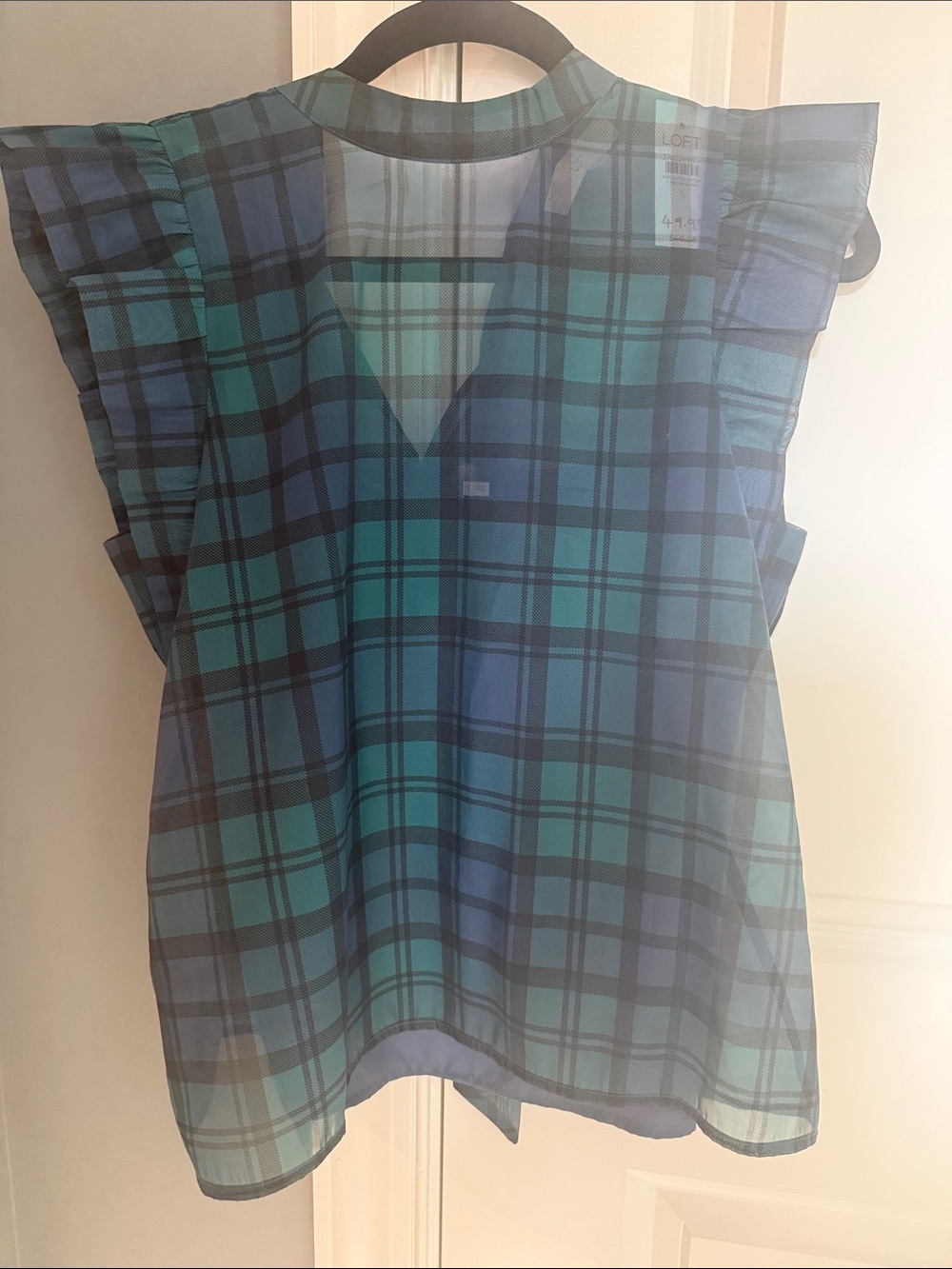 LOFT Teal and Blue Plaid Flutter-Sleeve Blouse